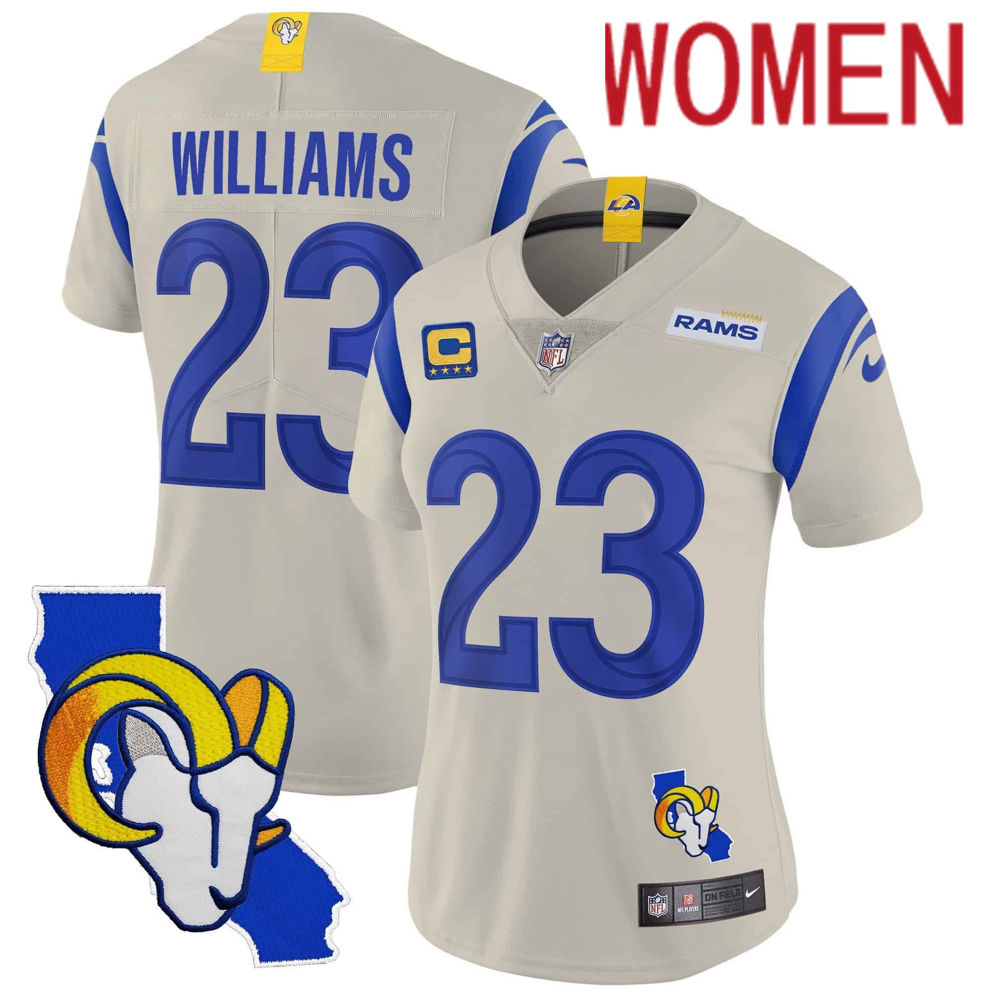 Women Los Angeles Rams #23 Williams Cream 2024 Nike California Patch Vapor Limited NFL Jersey->women nfl jersey->Women Jersey
